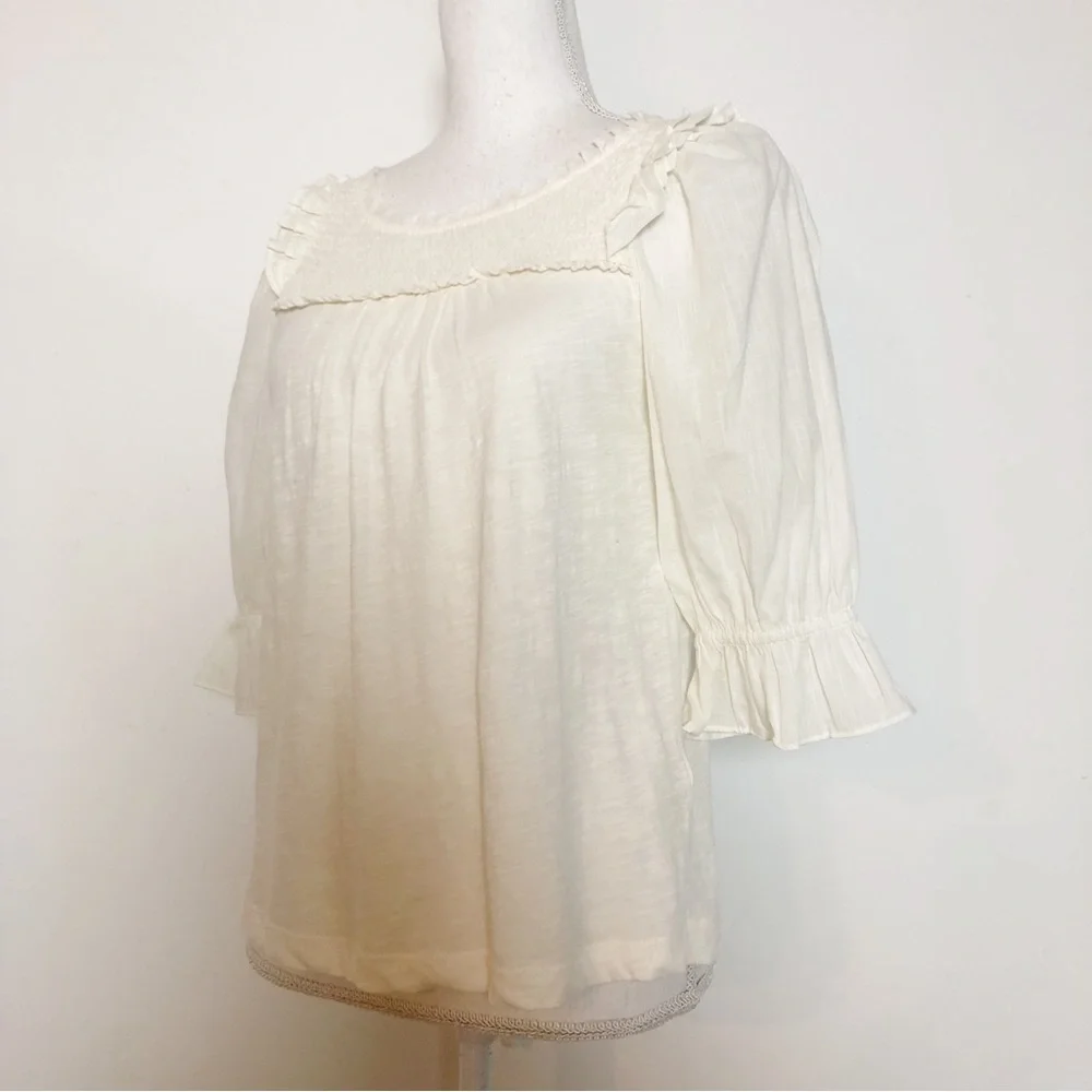 NWT By Anthropologie Smocked Puff-Sleeve Knit Top in Ivory Size XS